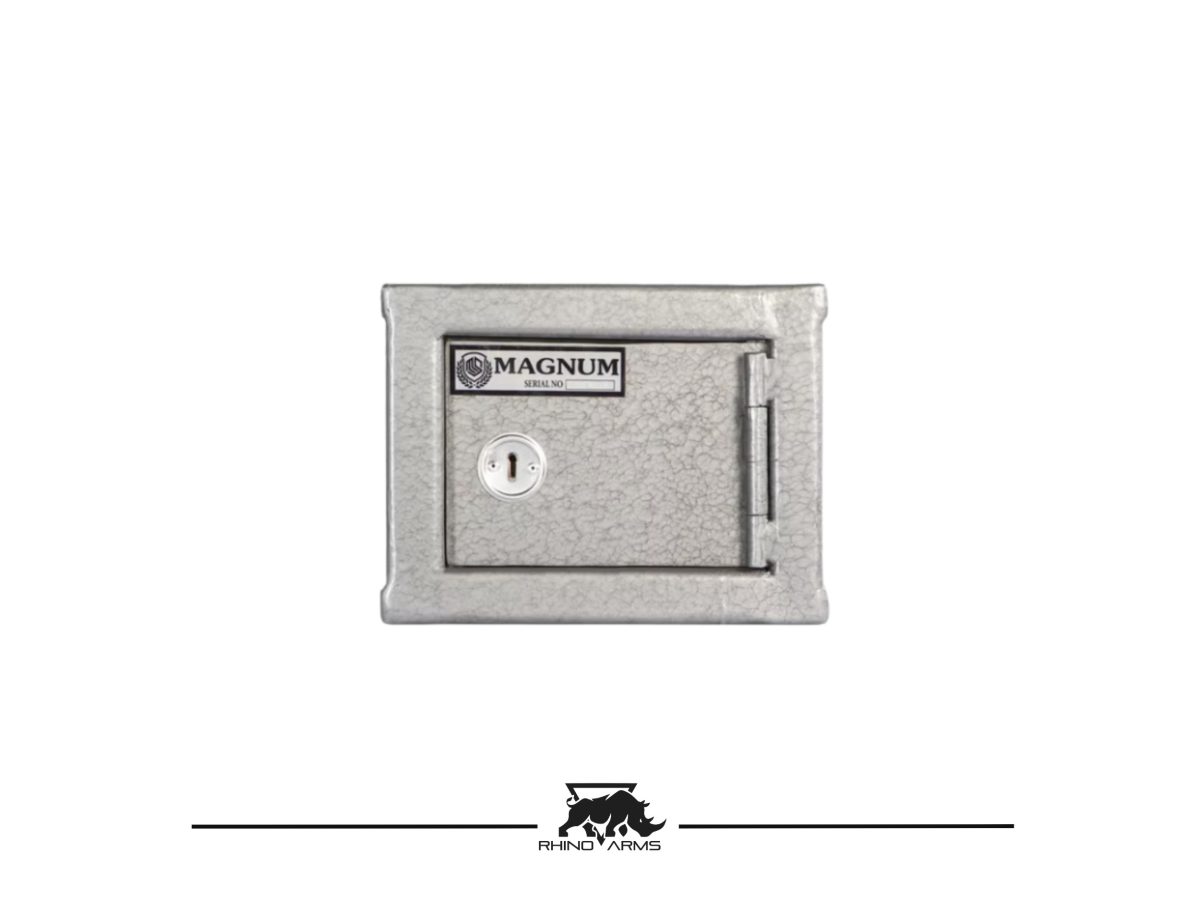 Magnum safe box for firearm storage with Rhino Arms logo.