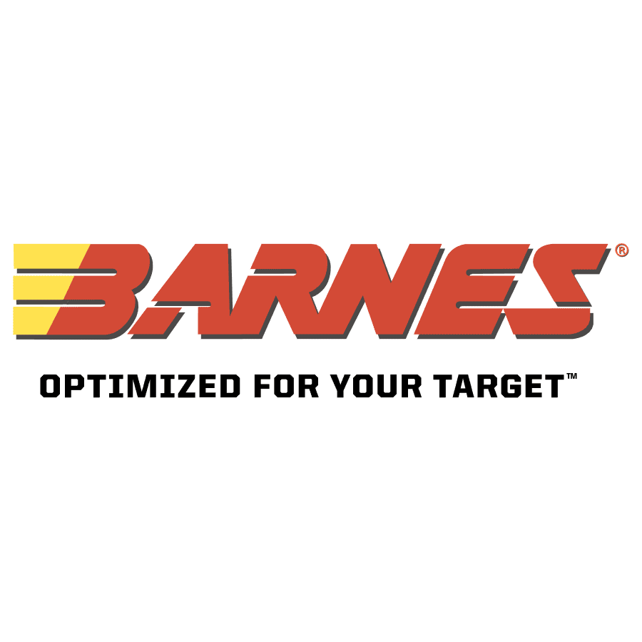 Barnes Ammunition logo with bold red text and yellow stripes.
